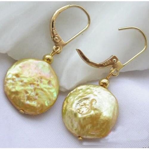 New Favorite Pearl Gold Dangle Earring 12mm Golden Coin Freshwater Pearl Earring Handmade Fine Jewelry Birthday Lady Gift