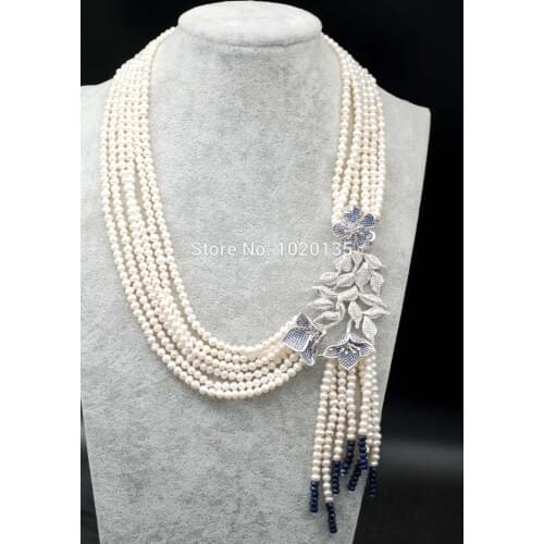 One set 6rows freshwater pearl white near round and blue jasper and blue zircon flower necklace earrings amazing gift FPPJ