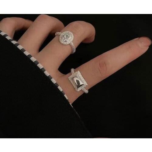 Origin Summer Luxury Square Round Geometric Ring for Women Bling Bling Rhinestone Metal Open Adjustable Finger Ring Jewelry