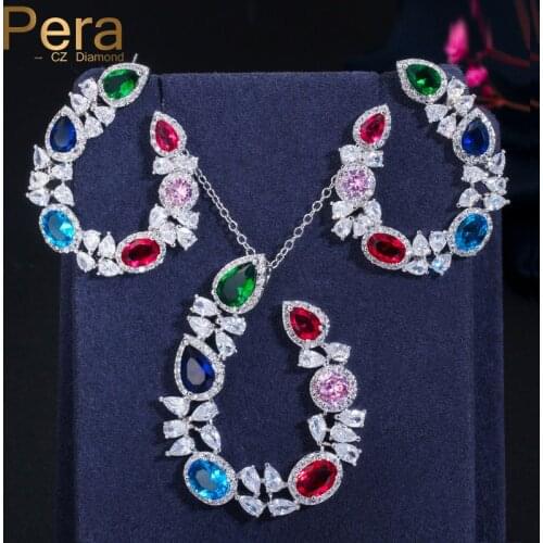 Pera Multicolor Water Drop Cubic Zircon Crystal Earrings and Pendants Necklaces Sets for Ladies Anniversary Party Jewelry J305