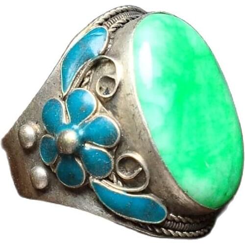 Cloisonne inlaid with Tibetan Silver Plated Emerald Ring