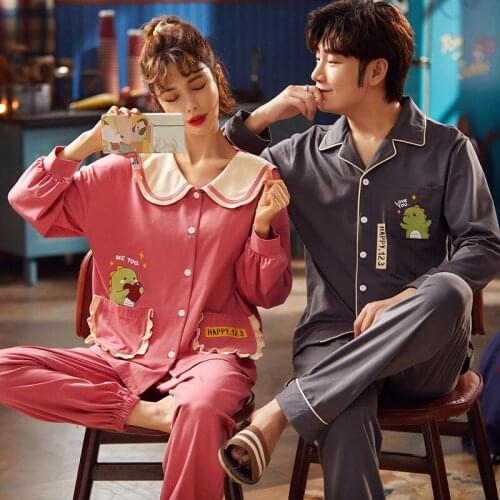 Autumn And Winter Couples Long-Sleeved Cardigan Pajamas WomenS Cotton MenS Lapel Korean Home Service Pyjamas Suit Sleepwear