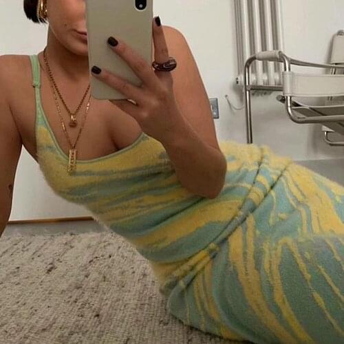 Psychedelic Print Cami Knitted Dresses Women Summer Sleeveless Hollow Out Multi Spaghetti Strap Dress Bodycon Midi Sexy Y2K 2021