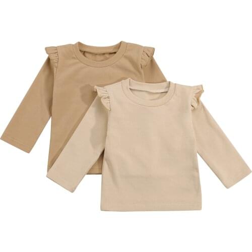 Infant Baby Girls Round Neck Tops, Casual Ruffle Long Sleeve Solid Color Ribbed T-Shirts 6M-3T