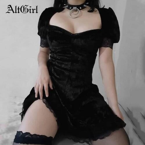AltGirl Vintage Dark Black Dress Velvet Dress Mall Goth Y2k Sexy Square Collar Puff Sleeve Lace Patchwork High Waist Party Dress