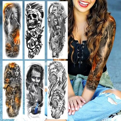 Golden Indian Warrior Temporary Tattoos Sticker Realisitc Fake Wolf Death Skull Maori For Men Boys Full Arm Sleeve Tattoos Paper