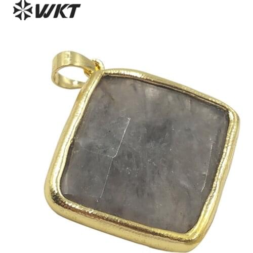 WT-P1523 WKT Natural Stone Pendant Square Grey Crystal Pendant Gold Electroplated Fashion Vintage Pendant Jewelry Finding