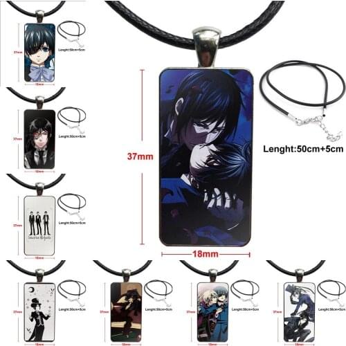 Jewelry With Steel Plated Glass Cabochon Choker Long Pendant Rectangle Necklace For Women Girls Handmade Black Butler Cartoon