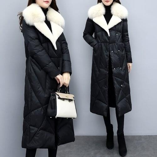 New Women Winter Long Down Coat White Duck Down Real Fox Fur Collar Parka New Female Fashion Thick Warm Jacket Outwear