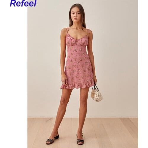 Spaghetti Strap Sexy Dress Women Sweet Ruffle Floral Print Dress Female Backless Sleeveless V Neck A-line Summer Chiffon Dress