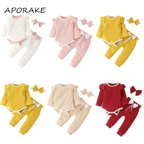 2021 0-24M Infant Baby Girl Clothes Set Spring Fall Patch Ruffle Shoulder Long Sleeve Romper+Bow Pants+Headbnad Sweet 3pcs