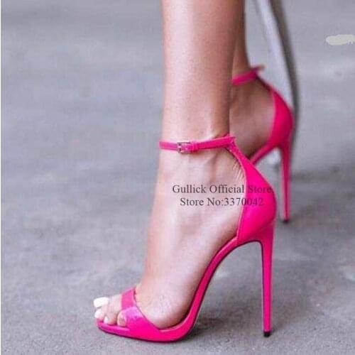 One Strap High Heel Sandals Pink Black Nude Patent Leather Ankle Buckle Strap Celebrity Shoes Cut-out Stiletto Heel Sandals