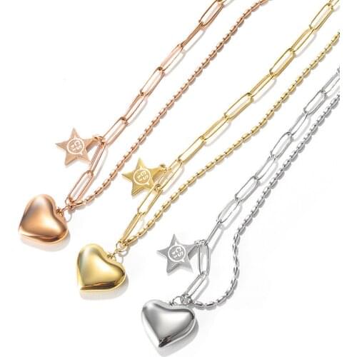 Stainless Steel Minimalism Rose Gold Heart Star Chain Link Pendant Choke Necklace Women Best Valentines Day Gift