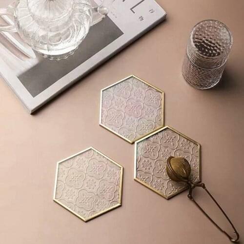 European Retro Window Grille Glass Coaster Gold Copper Embossed Pattern Hexagonal Cutlery Mat Dining Insulation Pad Table Decor