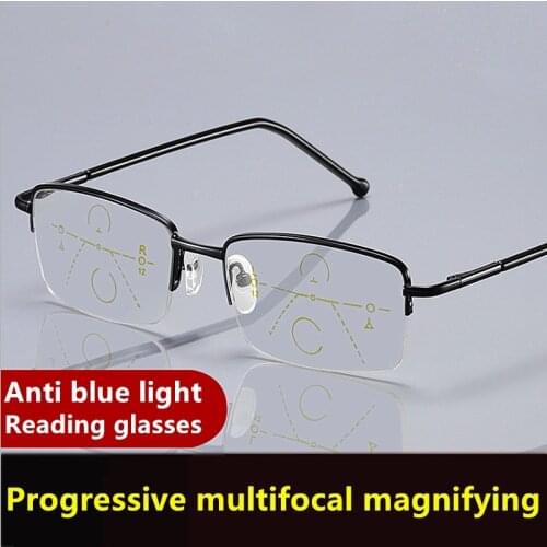 Hot Sale Progressive Reading Glasses Multifocal Anti Blue Ray Glass Glasses Half Frame Metal Alloy Men Women 1.5 1.0 2.5 Black