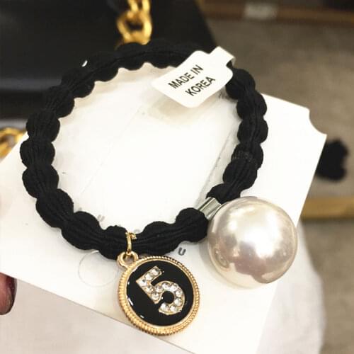 Korean Boutique Pearl Rhinestone Hair ring Bold Rubber Band Number 5 Head Rope Pearl crystal pendant ball hair