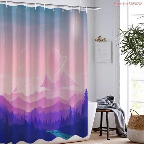 Beautiful Scenery Bath Curtain with Free Hooks Natural View 3D Mountain Tree Print Shower Curtain for Bathroom 150x180cm