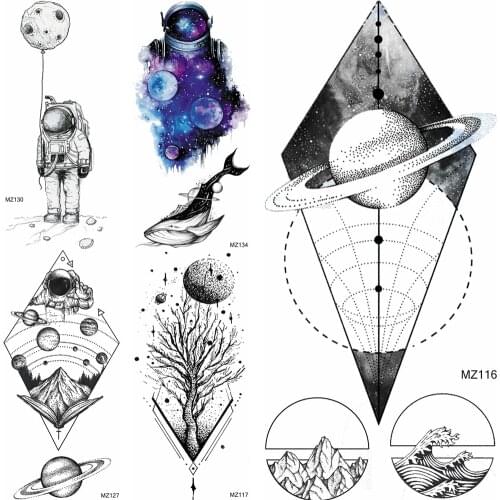 Creative Galaxy Temporary Tattoos Geometric Planets Mountian Tatoo Waterproof Astronaut Tatoo For Adult Body Art Tatoo Decal