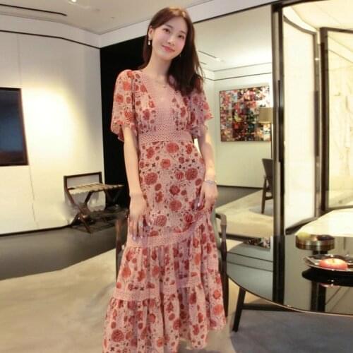 4XL 5XL 2020 summer women hollow out long chiffon plus size dress v-neck patchwork short sleeve maxi dress boho JC102