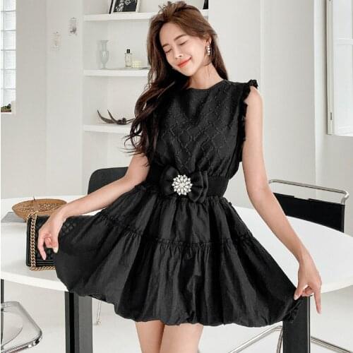 Fashion French Vintage Sexy Ruffle Sleeveless Mini Party Club Dress Ladies Elegant Coffee Break Casual Loose Sashes Black Dress