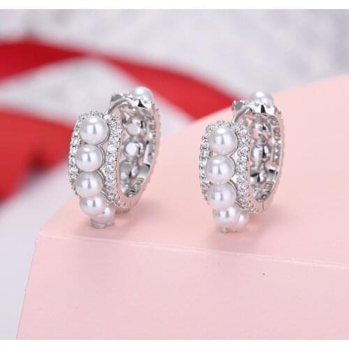 Fashion Vintage Pearl Hoop Earrings Female White Fungus Buckle crystal Zircon Earrings Jewelry Christmas Gifts Korean Earrings