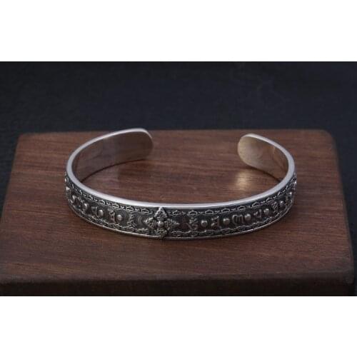 Mens Real 925 Sterling Silver Cuff Bracelet Om Mani Padme Hum Vajra Women Jewelry A4746
