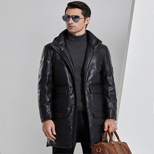 Winter Faux Leather Mens Down Jacket Hooded Long Sleeve Cardigan Zipper Pockets Black Solid Thick Vogue Casual Down Jacket