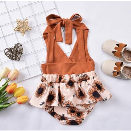 Baby Girl’s Casual Bandage Halter Romper Fashion Sunflower Printed Stitching Triangle Jumpsuits New Style 2021