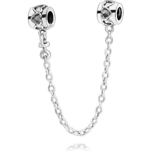 SALE! 925 Sterling Silver Beads Fit Original Pandora Bracelets One Line Heart Safty Chain Women DIY Fashion Jewelry Gift