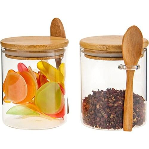 Glass Spice Jar Transparent Sealed Canister Food Container with Lid and Spoon Tea Salt Sugar Bottle Coffee Bean Storage Tank