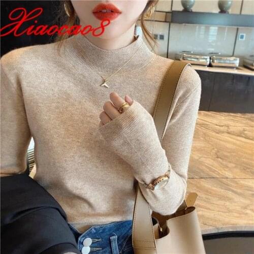 2021 Autumn Womens Turtleneck Sweaters Solid Korean Slim Top Pullover Knitted Fashion Woman Sweater Soft Warm Womens Jumper