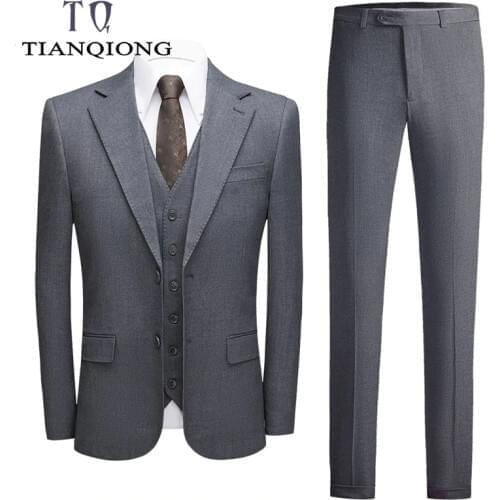 TIAN QIONG Gray Plaid Men Suits For Wedding High Quality Suit Business Man 3 Pieces Smoking Homme Mens Fashion Prom Dresses