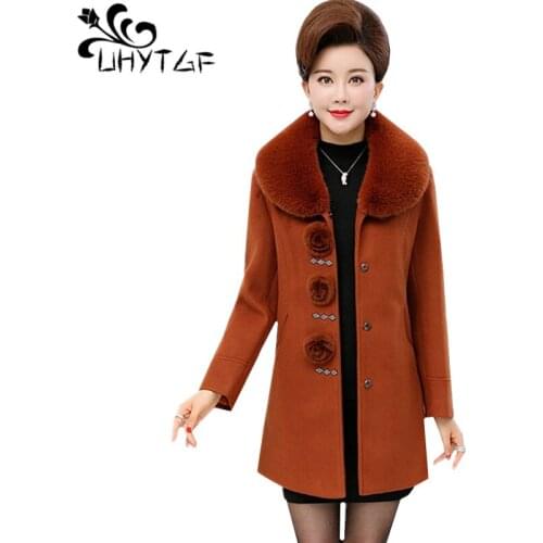 UHYTGF Genuine winter wool coat women fashion fur collar autumn female jacket solid color slim 5XL Plus Size tops outerwear 570