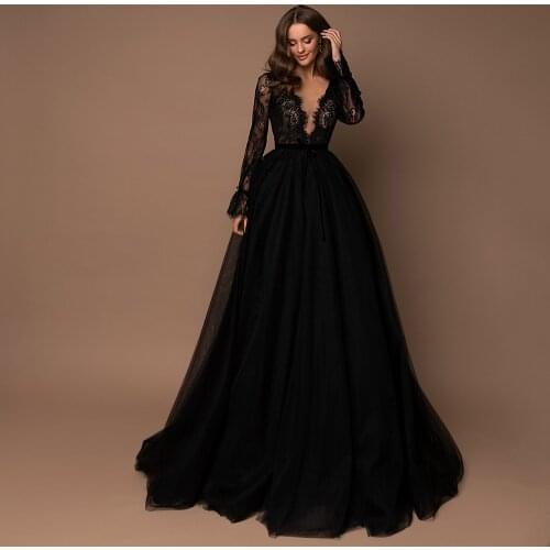 Gorgeous Black A-Line Lace Long Sleeve V-Neck Sweep Train Evening Dress 2021 High Quality Tulle Specoal Occasion Gowns