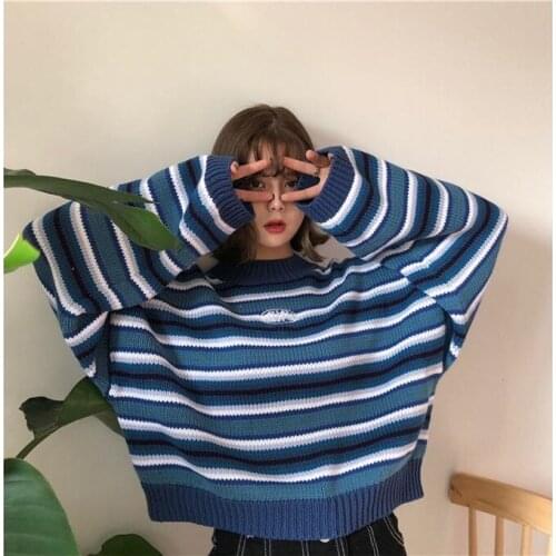 Korean Female Harajuku Clothing For Women Loose Wild Striped Student Sweater Womens Sweaters Kawaii Ulzzang Pullover Jumper