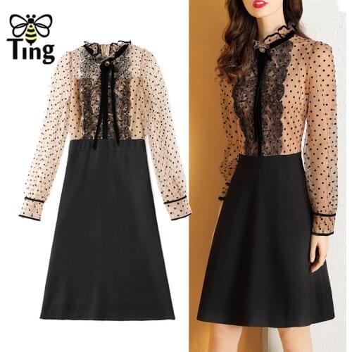 Tingfly Vintage Women Lace Patchwork Mini Short Black Dress Summer Polka Dot Mesh Sleeve A Line Casual Street Dress Lady Clothes