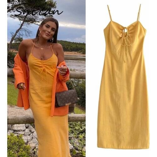 Yellow Strap Sexy Dress Za 2021 Women V Neck Draw String Bandage Casual Oversize Long Dresses Sukienki Damskie Vestidos Largo
