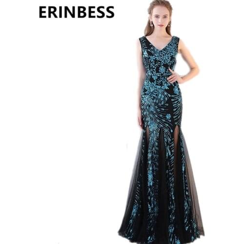 2019 Mermaid Evening Dress Sequined Formal Gown Robe de Soiree Sexy V-neck Mermaid Evening Dresses Side Slit Vestido De Festa