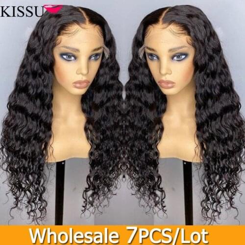 7PCS/Lot KISSU Wholesale Deep Wave Lace Front Wig Brazilian Pre Plucked Lace Front Human Hair Wigs For Women 4x4 Closure Wig