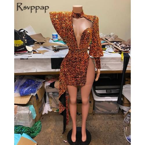 Sparkly Single Long Sleeve High Neck Short Prom Dresses 2021 Sheer Neck Gold Sequin Sexy African Black Girls Prom Dress