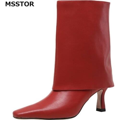 Sewing Square Toe Ankle Boots Women Sexy Party Cow Leather Concise Elegant Thin Solid Winter High Heels Shoes Women Black Beige