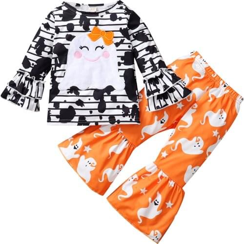 1-5Y Toddler Kids Baby Girl Halloween Clothes Long Sleeve Pullover T-shirt Tops Print Flared Pant Bell Bottom 2PCS Clothing Set
