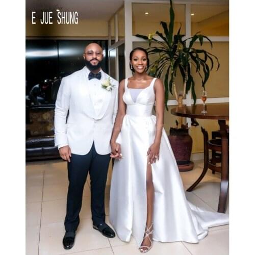E JUE SHUNG Sexy High Split African Wedding Dresses Boho V-Neck Lace Up Back Stain Bride Dresses Wedding Gowns vestido de noiva