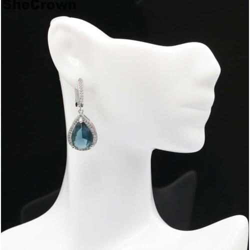 34x14mm Elegant Drop Shape London Blue Topaz Tanzanite Natural White CZ Womans Gift Silver Earrings