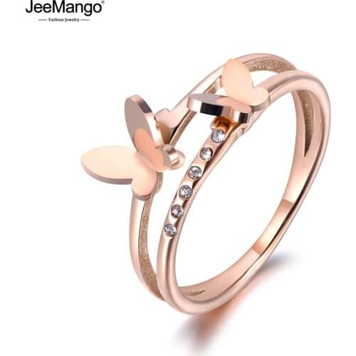 JeeMango OL Design Stainless Steel Double Butterfly Ring Rose Gold Micro Pave CZ Crystal Anniversary Rings For Women JR19020