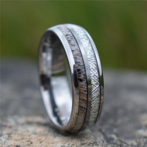 8MM Mens Fashion Stainless Steel Ring Meteorite Antler Inlaid Silver Wedding Engagement Jewelry Gift for Father Boyfriend