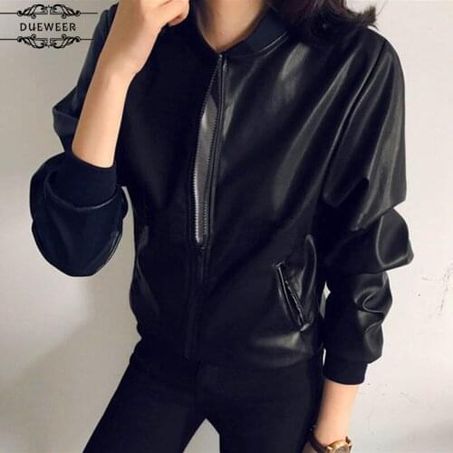 DUEWEER PU Jackets Womens Coat Black Solid Short Slim Spring Autumn Casual All-match Chic Korean Style Plus Size Women Jacket