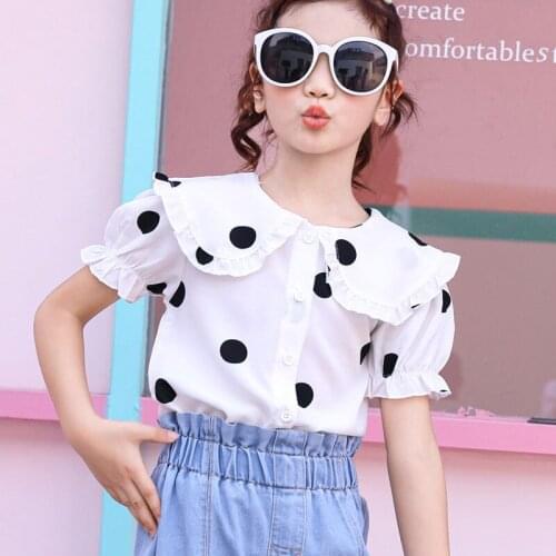 Summer Kid Blouse Top Girls Shirt Children Tees Doll collar polka-dot short-sleeved shirt with bubble sleeves Pink White 3-12T