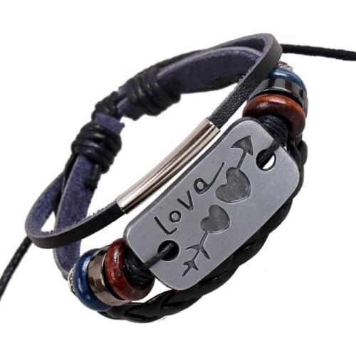Fashion Vintage Heart LOVE Charm Bracelet Black Braided Leather Wrap Bangle Lovers Wristbands Punk Hippie Men Women Jewelry Gift