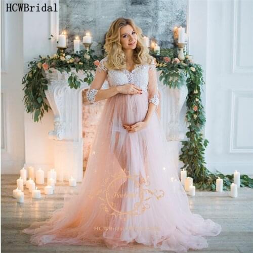 New Blush Pink Tulle Long Evening Dress For Pregnant Women Half Sleeve A Line See Through Customize Maternity Dresses Plus Size